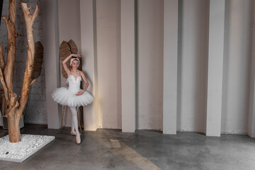 Elegant young ballerina performs beside large windows, poised stance, delicate white tutu...