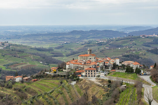Panoramic view of the Collio hills, Cormons, between Gorizia and Nova Gorica. European Capital of Culture 2025. Typical local products vineyards and wines. Gonjače Tower places to visit and tradition