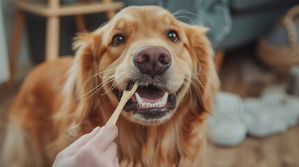 Canine dental care, dog enjoying teeth brushing, warm indoor lighting, clear focus