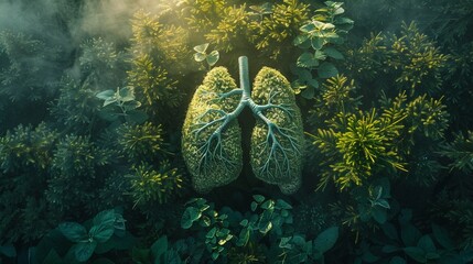 Green foliage lungs, under soft sunrise, birdseye view, magical realism style