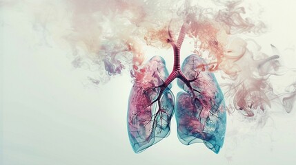 Lung dissolving into smoke tendrils, soft focus, birdseye view, watercolor effect - obrazy, fototapety, plakaty