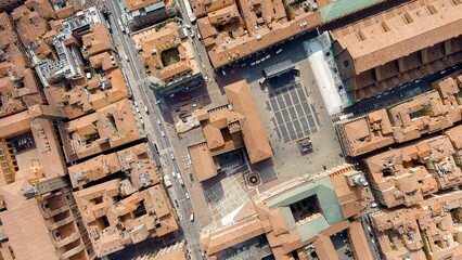 Bologna, Italy. Old Town. Basilica of San Petronio, Piazza Maggiore. Panoramic view of the city. Summer, Aerial View
