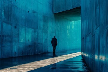 This crisp image captures a lone man walking through a minimalist, modern concrete passageway