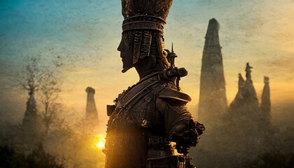 A cinematic shot of an ancient statue with a science fiction and futuristic feel,