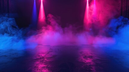 Dark stage shows, blue, pink, and purple background, an empty dark scene, laser beams, neon, spotlights reflection on the asphalt floor, studio room with smoke floating up for display products