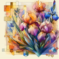 Geometric Abstract Art, Multicolored, Iris Flowers Illustration, Modern Decor