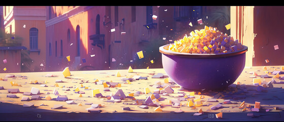 a purple bowl filled with lots of yellow and white confetti