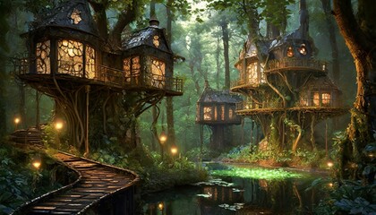 Obraz premium A dense forest with bioluminescent plants and high-tech treehouses.