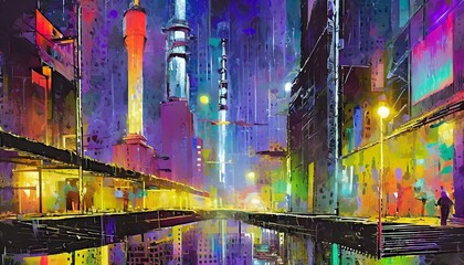  A cyberpunk cityscape at night, illuminated by neon lights and holographic advertisements. 