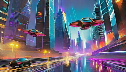  A digital illustration of a futuristic city skyline at night with neon lights and flying car