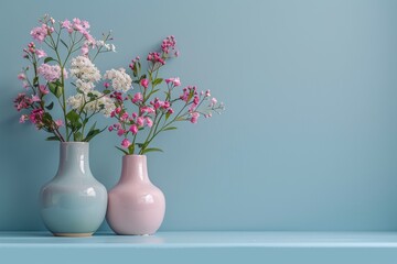 Two elegant pastel-colored vases hold delicate pink and white flowers against a soft blue background