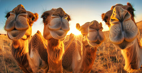 A collection of camels are standing closely clustered next to each other in a sandy desert landscape - obrazy, fototapety, plakaty
