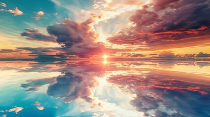 A serene sunset with clouds beautifully reflecting over smooth water, capturing a moment of tranquility - obrazy, fototapety, plakaty