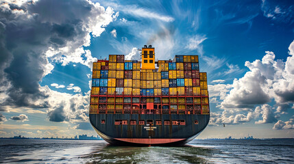 A massive cargo ship carrying numerous containers across the sea - obrazy, fototapety, plakaty