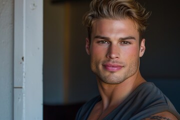 Obraz premium Portrait of a confident young man with a chiseled jawline and modern hairstyle