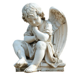 A serene marble angel statue in a thoughtful pose isolated on transparent background