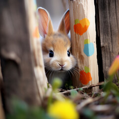 Easter bunny peering through wooden planks