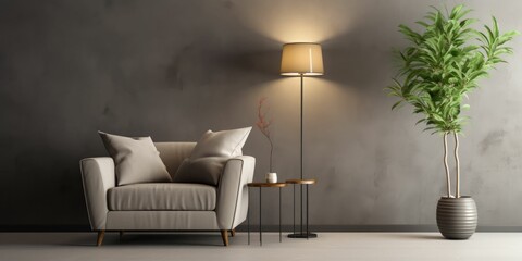 Living room interior with velvet sofa, armchair, floor lamp and plant on warm - obrazy, fototapety, plakaty