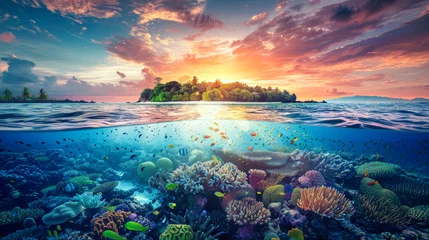 Fotobehang A coral reef stretches underwater with a small tropical island in the distance © Anoo