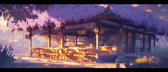 anime - style illustration of a restaurant with a table and chairs
