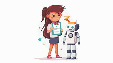 Illustration of a Kid Girl Holding a Robot with an Awa - obrazy, fototapety, plakaty