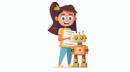 Illustration of a Kid Girl Holding a Robot with an Awa - obrazy, fototapety, plakaty