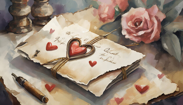 Create an oil painting with the textures of tattered love letters, showcasing a vintage roma. Generative AI.