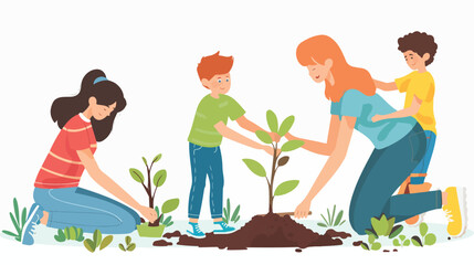 Illustration of happy family planting a tree sprout 