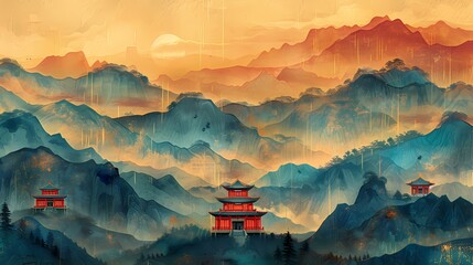 Turquoise mountains golden lines ancient landscape illustration abstract background decorative painting