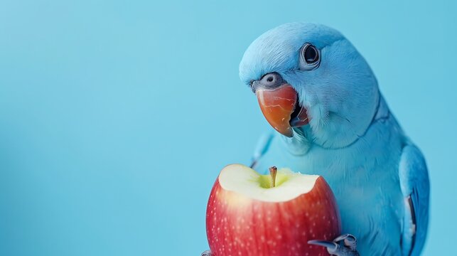 a blue Ringneck Parakeet eating an apple and confined on blue background