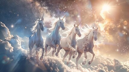 A herd of unicorns gallops energetically across the clouds, blending day with night under a cosmic sky. - obrazy, fototapety, plakaty