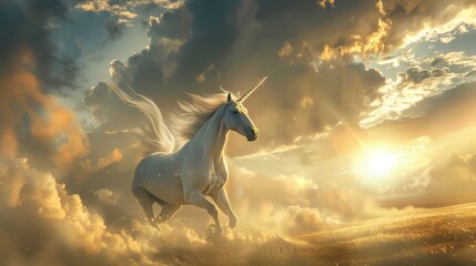 Obraz na płótnie Canvas A majestic unicorn strides powerfully with its mane flowing, silhouetted by the golden rays of a setting sun.