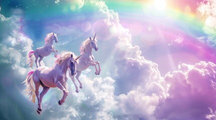 A vibrant scene as unicorns leap through clouds, with radiant sunbeams casting a rainbow across the sky.