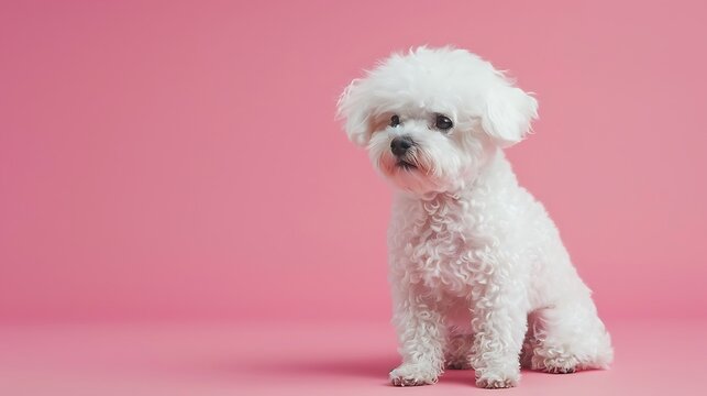 A canine of Bichon frize breed disconnected on pink variety studio