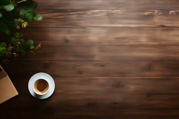 Background of plants and coffee cup on wood table copy space for text, Generative Ai 