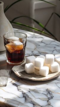 Cola, sugar cubes on greek style marble plate, greek art theme, morning soft light, minimal