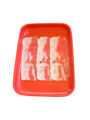 Sliced ​​pork belly placed on a red shabu platter