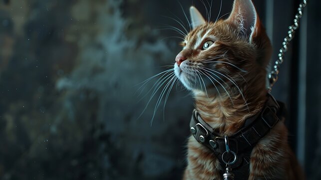 a cute feathery orange ginger dark-striped cat wearing a sparkling restraint with ringer