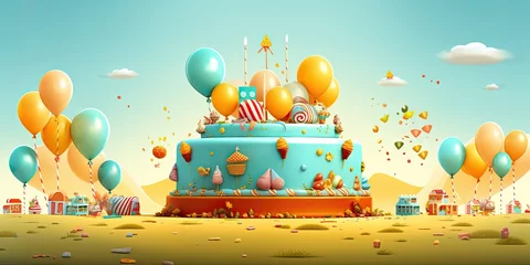 Foto op Plexiglas happy birthday cake and balloons background juego de corteje no pianta, in the style of hazy landscapes, cartoon abstraction, light turquoise and amber, panoramic scale © PixelPulse