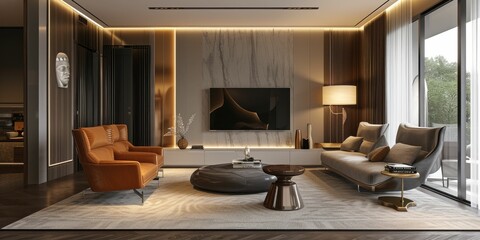 Modern living room with armchair. Scandinavian style interior design 