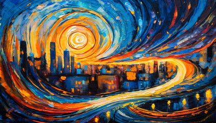 Explore abstraction by painting a cityscape at night with vibrant, swirling lights using oil. Generative AI.