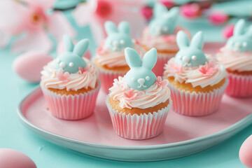 A plate of cupcakes decorated with frosting shaped like rabbit faces