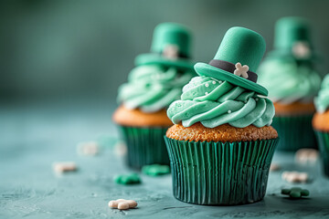 A delightful cupcake is adorned with green frosting and a festive leprechaun hat-shaped sugar topper - obrazy, fototapety, plakaty
