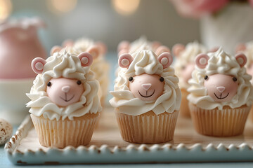 A delightful array of cupcakes decorated with adorable sheep made of frosting sits on a tray