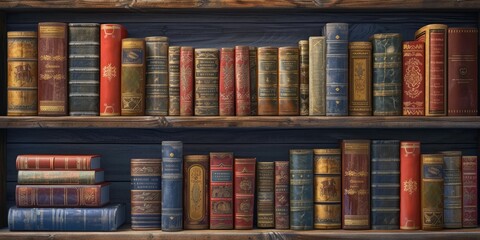 A library wall adorned with a collection of old, ancient books - obrazy, fototapety, plakaty