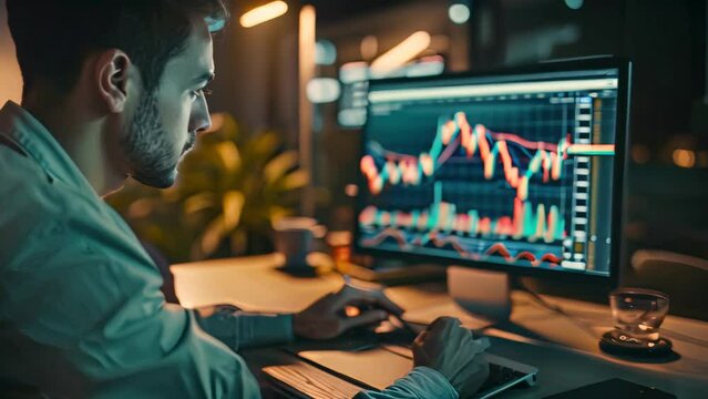 Man analyzing stock market investments on computer screen. Home office trading setup with personal finance software for design and print