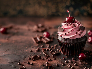 chocolate cupcake topped with pink frosting, a maraschino cherry, and chocolate flake - obrazy, fototapety, plakaty