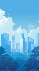 A city suburb, skyscrapers in distance, blue and white, Vector Art
