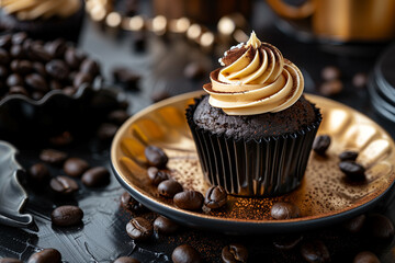 A luxurious chocolate cupcake with a swirl of golden frosting and a dusting of coffee powder rests on a gold plate adorned with coffee beans - obrazy, fototapety, plakaty