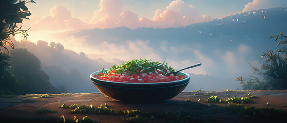 a bowl of tomatoes and greens on a table - obrazy, fototapety, plakaty